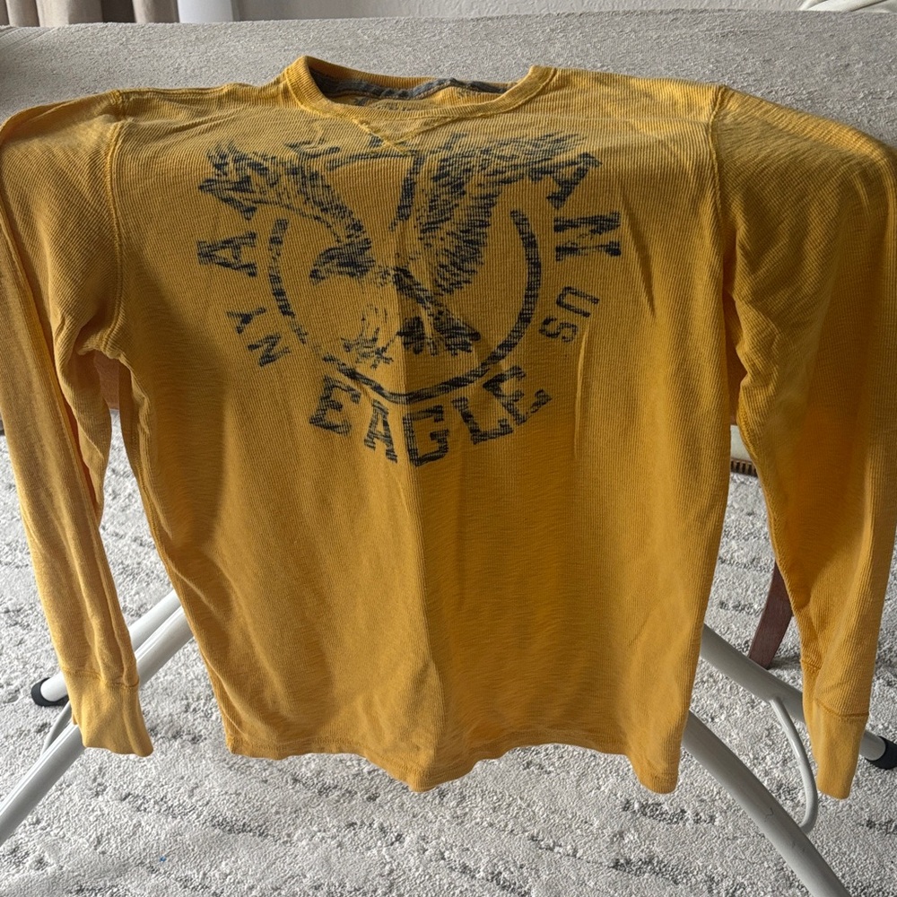 American Eagle Outfitters Mustard Yellow Eagle Graphic Thermal Shirt